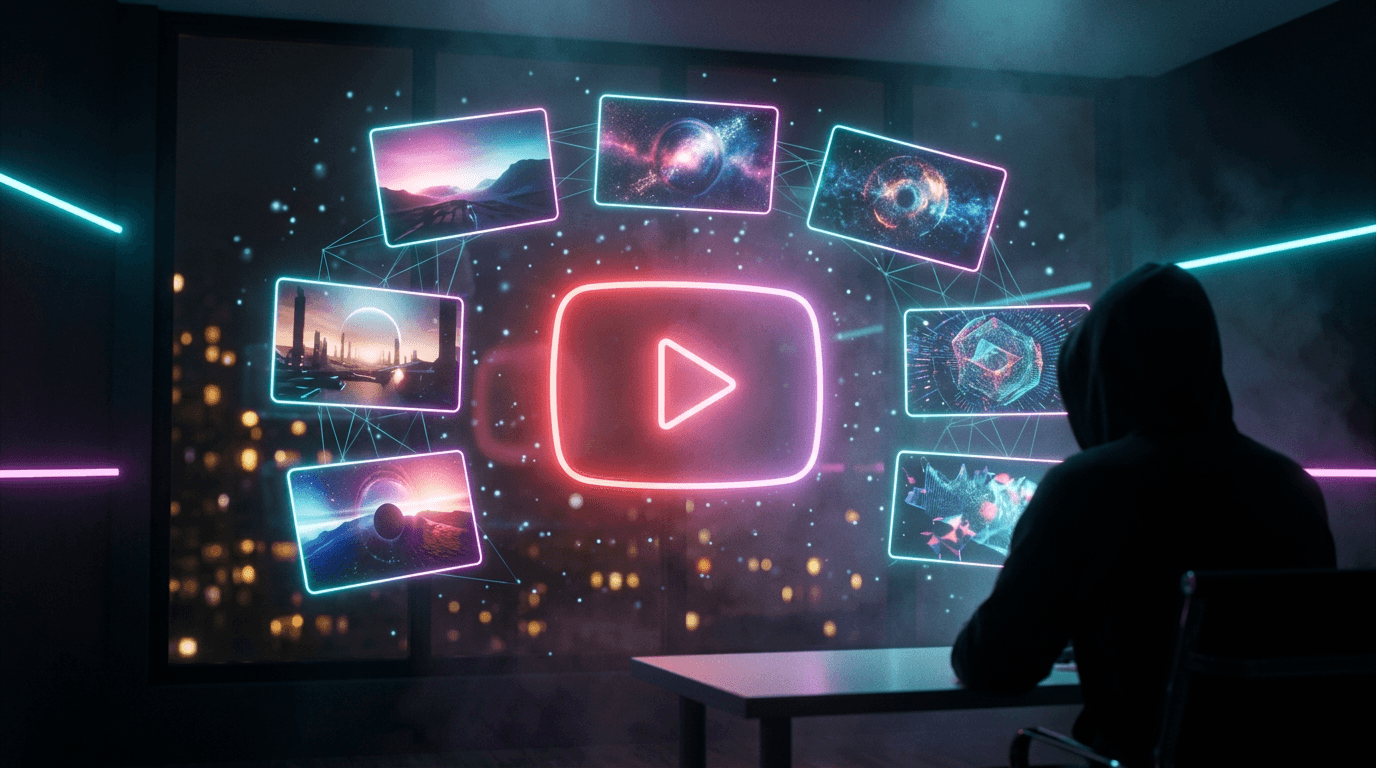 A hooded faceless creator seen from behind, watching a glowing neon play button surrounded by six floating video thumbnails linked by AI neural-network lines - a stylized visualization of a faceless AI YouTube channel.
